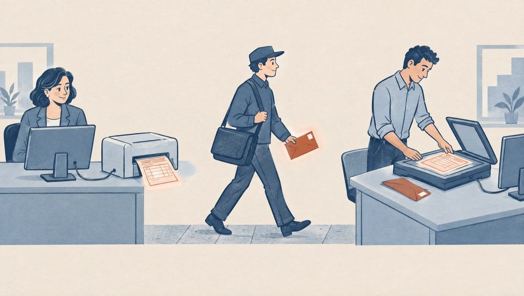 Dessin en trois temps, de gauche à droite. Chez le fournisseur, une employée imprime une facture sur une imprimante reliée à son ordinateur. Un facteur porte la facture sous enveloppe. Chez le client, un employé la pose sur un scanner relié à son ordinateur. La facture, en rouille, fait le lien : entre deux ordinateurs, elle repasse par le papier.