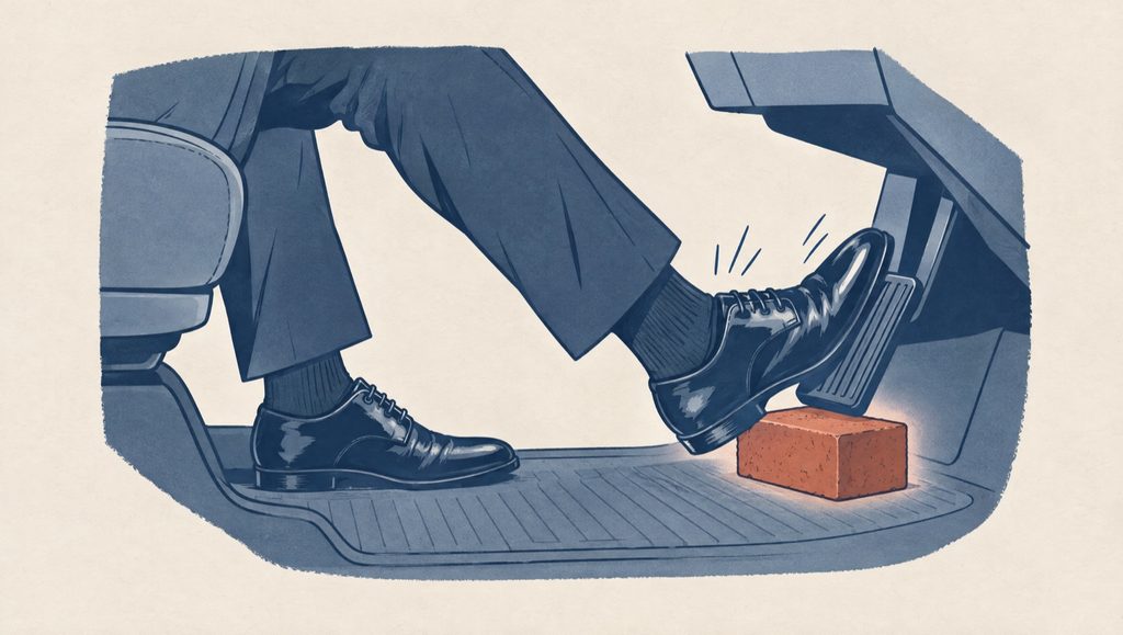 Dessin. Vue en coupe du plancher d'une voiture : les jambes d'un conducteur en pantalon de ville. Son pied droit appuie de toutes ses forces sur l'accélérateur, mais une brique rouille, posée sous la pédale, l'empêche de descendre plus bas.