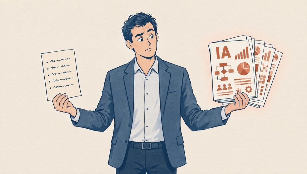 Dessin. Un employé tient un rapport dans chaque main, bras écartés comme les plateaux d'une balance. À gauche, une seule page de puces écrites à la main. À droite, un épais rapport aux pages couvertes de graphiques rouille, dont la page de garde porte les lettres « IA ». Il regarde l'un puis l'autre, sans savoir lequel vaut le plus.