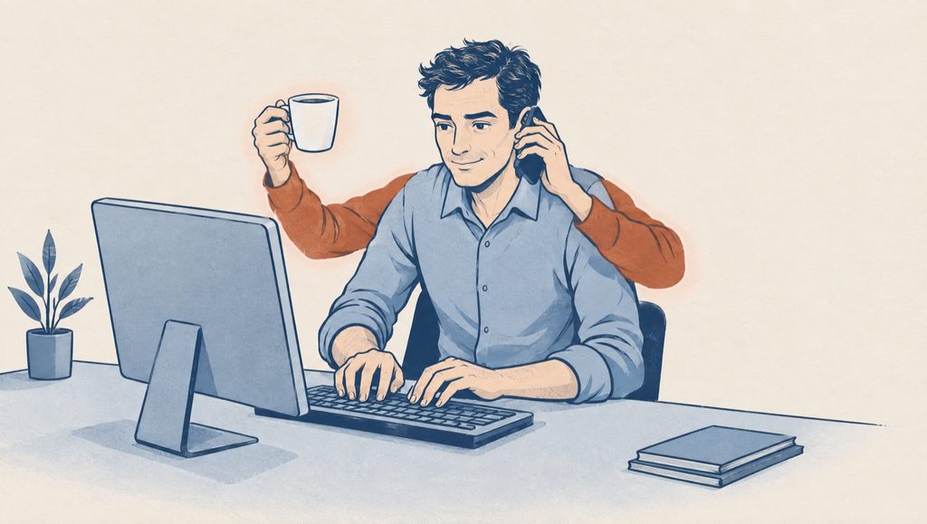 Dessin. Un employé à quatre bras, assis à son bureau : deux mains tapent sur le clavier de son ordinateur ; les deux autres, aux manches rouille, tiennent l'une un téléphone mobile à son oreille, l'autre une tasse de café. Il reste calme, avec un petit sourire résigné.
